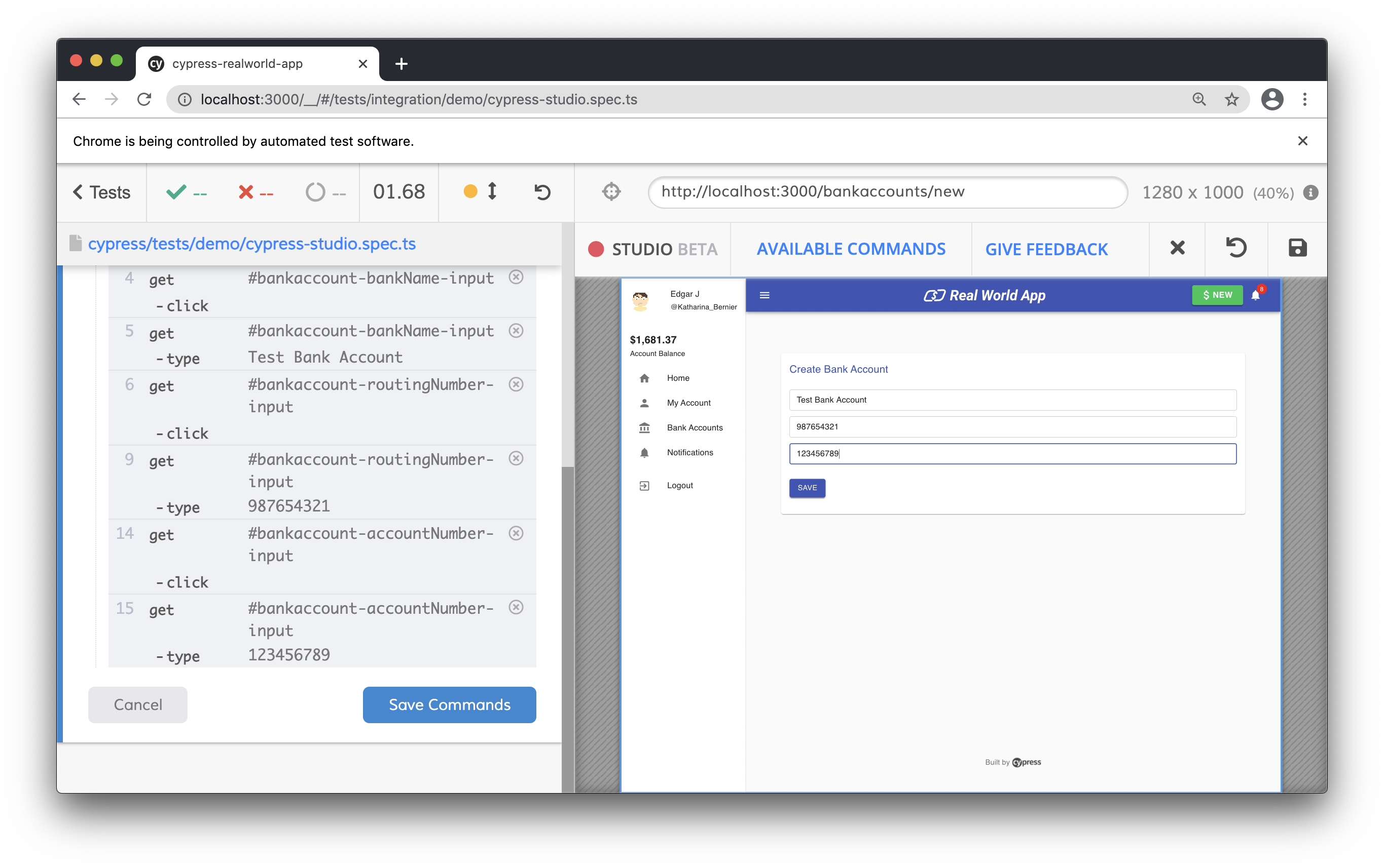 Cypress Studio Add Test Complete Bank Account Form
