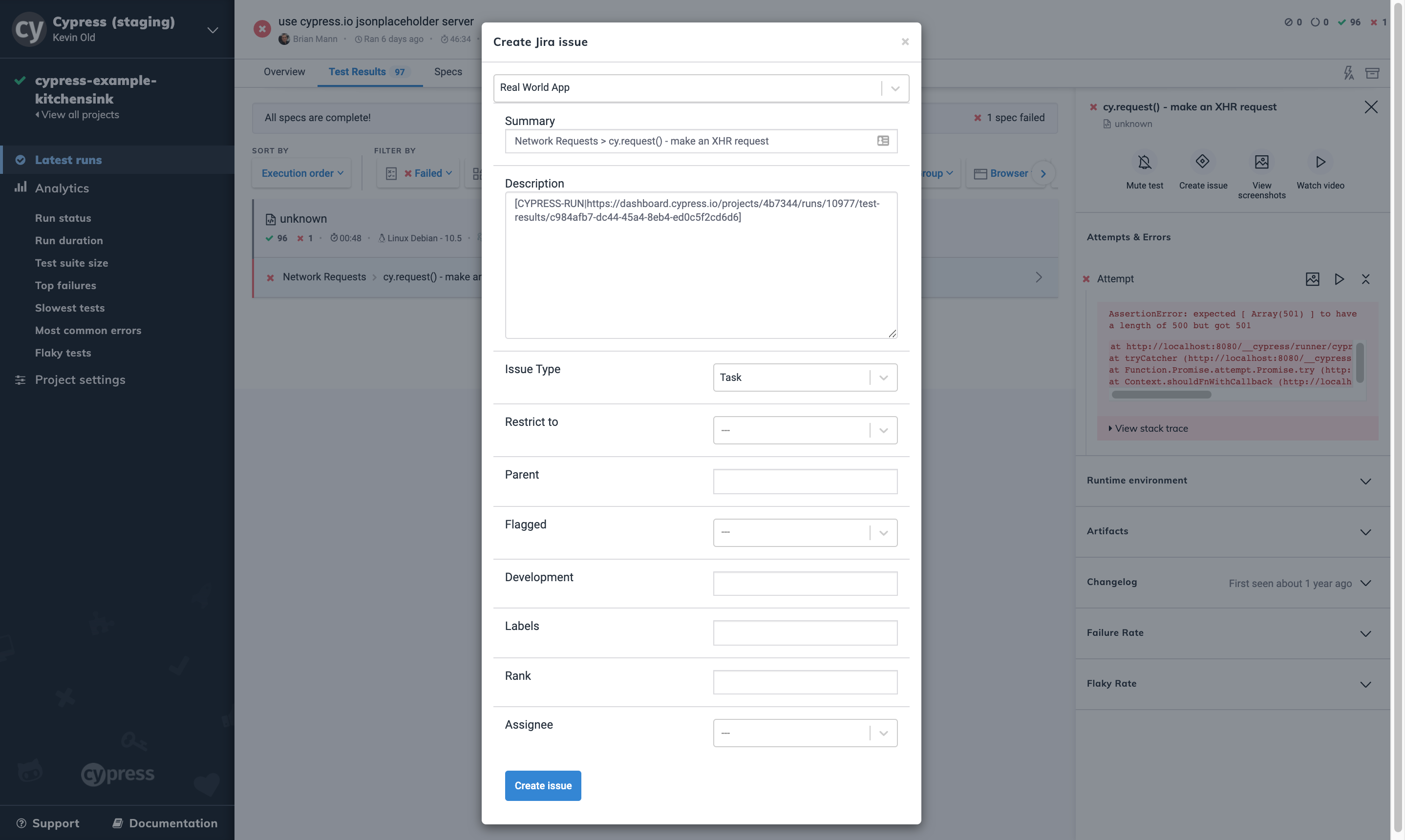 Create Jira Issue Modal